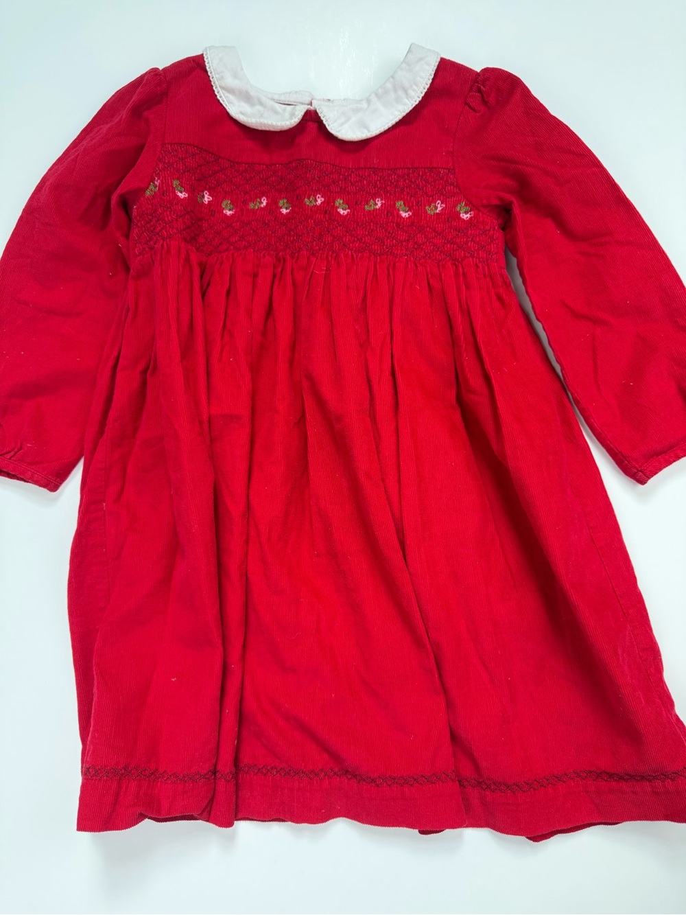 JoJo Maman Bebe Red Floral Embroidered Smocked Cord Dress 3/4